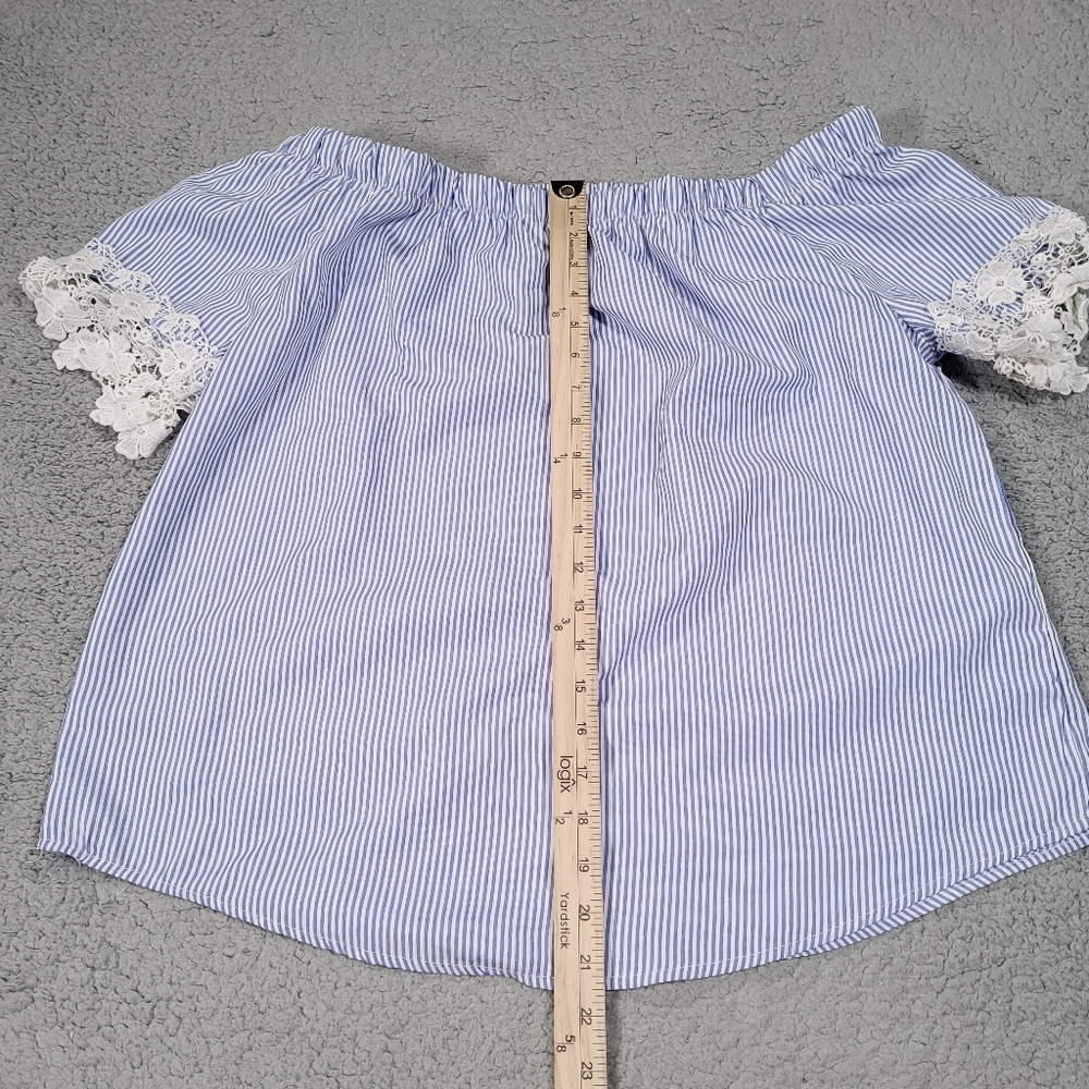 Kontrol Contemporary Womens XL Blouse Top Stripe Blue White Boat Neck Casual